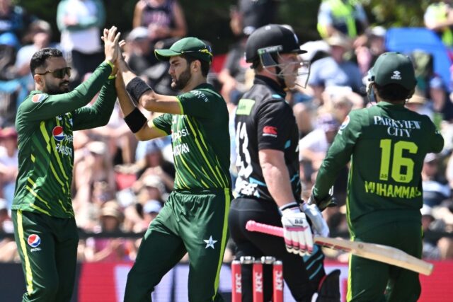 Pakistan captain Shaheen Shah Afridi (2nd L) said he was glad his side avoided a series wh