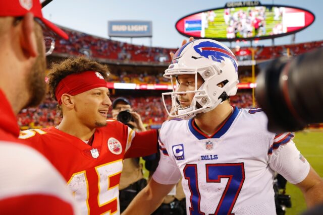 Patrick Mahomes of the Kansas City Chiefs, left, shakes hands with Josh Allen of the Buffa