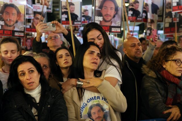 Relatives of Israeli hostages held by Palestinian militants in Gaza join a Tel Aviv rally