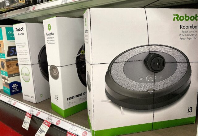 Roomba robot vacuums made by iRobot are displayed on a shelf at a Target store in San Rafa