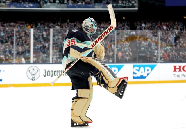 Seattle goaltender Joey Daccord celebrates after a 3-0 shutout victory over Vegas in the N