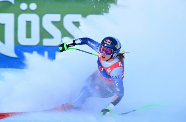 Sofia Goggia of Italy reacts after her first downhill win of the season in Altenmarkt-Zau