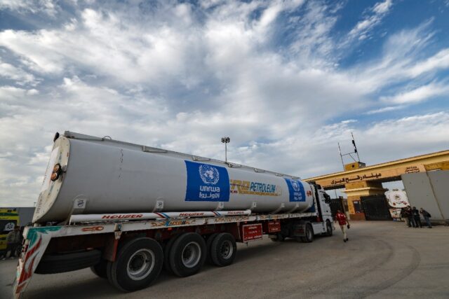 A truck from the United Nations agency for Palestinian refugees (UNRWA) carrying fuel arri