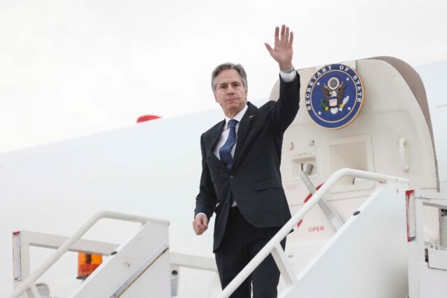 US Secretary of State Antony Blinken boards his plane at the Felipe Angeles International