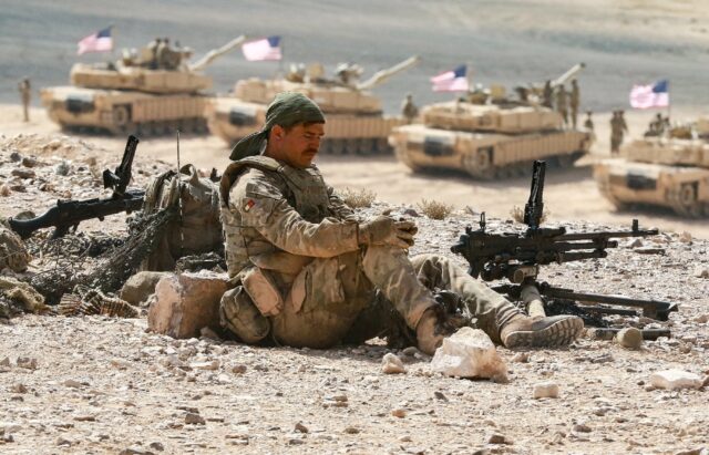 A US soldier takes part in the "Eager Lion" multinational military manuever, in the Al-Zar