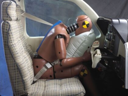 A deployment of the AmSafe seatbelt airbag in a simulated dynamic crash test. Photo courte