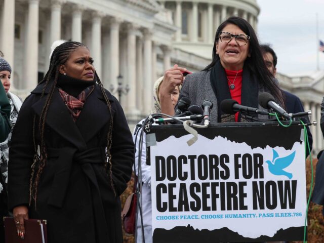 WASHINGTON, DC - DECEMBER 07: U.S. Rep. Rashida Tlaib (D-MI) (R) speaks alongside Rep. Cori Bush (D-MO) at a press conference on the Israel-Hamas war outside of the U.S. Capitol on December 07, 2023 in Washington, DC. A group of Democratic lawmakers joined by members of Doctors Against Genocide called …