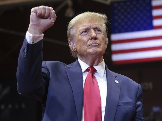 Republican presidential candidate and former President Donald Trump gestures to supporters