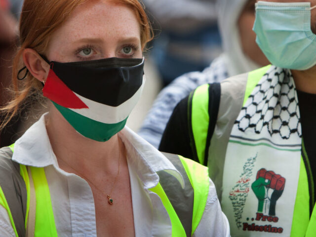 LONDON, UNITED KINGDOM - 2021/07/09: A protester seen wearing a Palestinian flag face mask