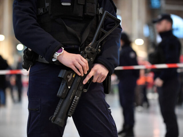 A policeman holds a 40-millimetre rubber defensive bullet launcher LBD (LBD40) to Paris' G