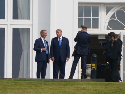 Former US president Donald Trump alongside Nigel Farage from GB news during an interview a