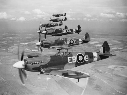 Spitfires in flight, circa 1940s. The Spitfire was designed by Reginald Mitchell (1895-193