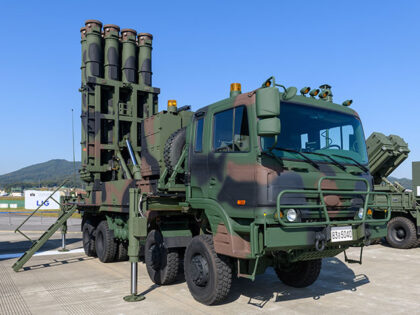 South Korea's Cheongung medium range surface-to-air missile system seen on display du