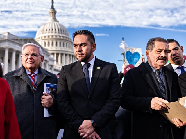 UNITED STATES - DECEMBER 13: From left, Rep. Pramila Jayapal, D-Wash., Sen. Bob Menendez, D-N.J., Reps. Gabe Vasquez, D-N.M., Jesús “Chuy” García, D-Ill., and Robert Garcia, R-Calif., attend a news conference with the Congressional Hispanic Caucus to urge the White House to “reject Republican immigration and border proposals in the …