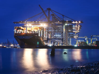 TOPSHOT - Stacks of containers are pictured on the deck of the MSC Allegra container ship,