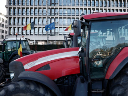Tractors are parked outside a building of the European Parliament in Brussels on February