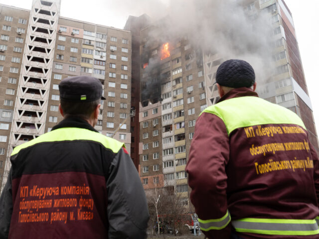 KYIV, UKRAINE - FEBRUARY 07: A view of a burning building as a result of a Russian missile