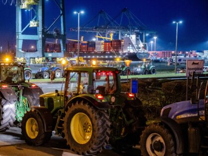 Farmers and their tractors gather for a protest action near quai 730 in the port of Antwer