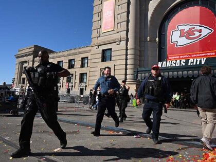 Police respond after shots were fired near the Kansas City Chiefs' Super Bowl LVIII v