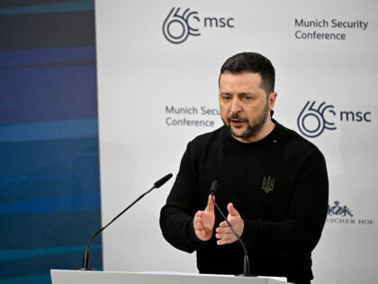 Ukrainian President Volodymyr Zelensky delivers his speech at the 60th Munich Security Con