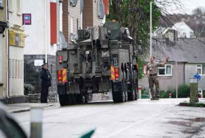 A military vehicle at the scene near St Michael Avenue, Plymouth, where residents have bee