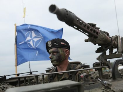 ZAGAN, POLAND - JUNE 18: A soldier of the Polish Army sits in a tank as a NATO flag flies