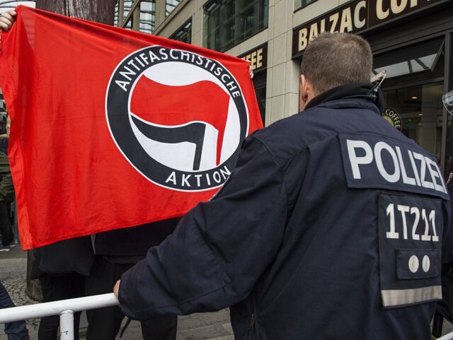 A counter-protester opposing the right-wing populist Alternative for Germany (AfD) party d