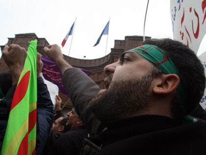 Iranian demonstrators protest outside the French embassy in Tehran on January 25, 2008, ag