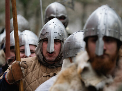 YORK, ENGLAND - FEBRUARY 17: Re-enactors representing the rival armies of the Vikings and