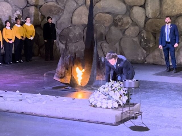 Argentinian President Javier Milei lays a wreath at the Hall of Remembrance at Yad Vashem,