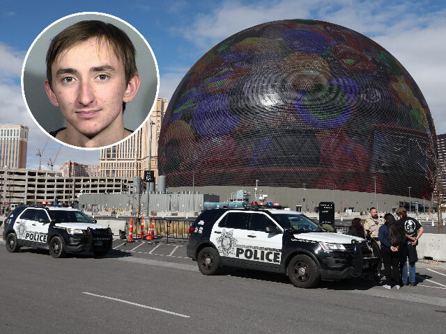 LAS VEGAS, NEVADA - FEBRUARY 07: Individuals are seen in handcuffs near the Sphere after l