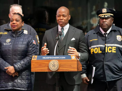 Mayor Eric Adams speaks during an NYPD press conference introducing new policing technolog