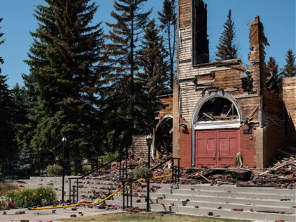 ALBERTA, CANADA - JULY 01: A view of the Roman Catholic St. Jean Baptiste church destroyed