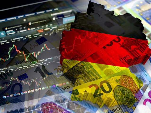 Map and flag of Germany, cash euro banknotes and stock market indicators - stock photo