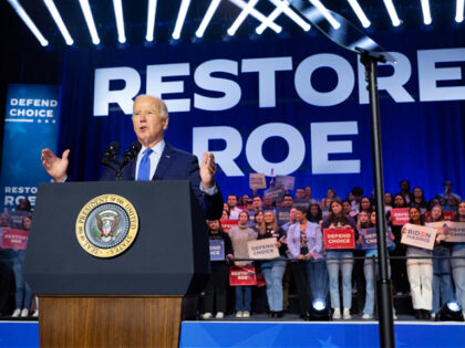US President Joe Biden speaks during a campaign rally to Restore Roe at Hylton Performing