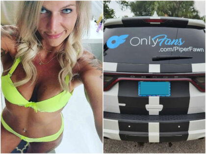 Thirty-five-year-old Michelle Cline's car decal advertises her OnlyFans account that