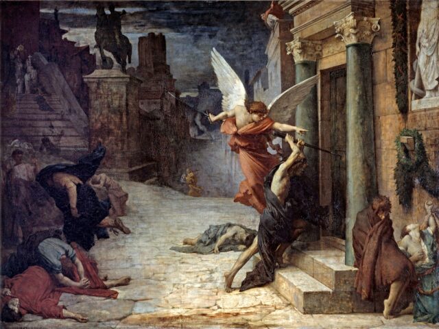 The Plague in Rome. Allegorical representation of the scourge breaking down the doors. Pai