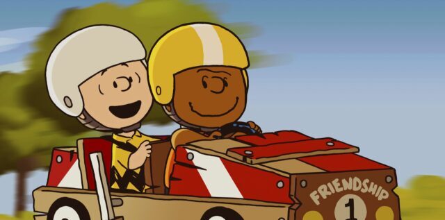 This image released by Apple TV+ shows Peanuts characters Charlie Brown, left, and Frankli
