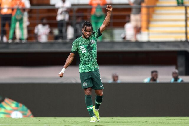 Ademola Lookman celebrates after scoring in Nigeria's 1-0 win over Angola in the Africa Cu