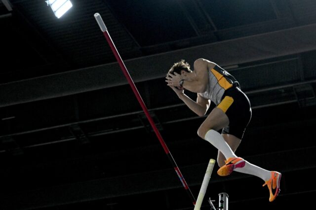 Agony: Armand Duplantis reacts as he competes on Friday at the All Star Perche