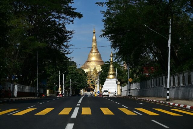 An almost empty street in Yangon during a "silent strike" on February 1, 2024