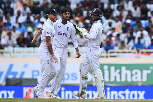 England spinner Shoaib Bashir celebrates after taking a wicket on the second day of the fo