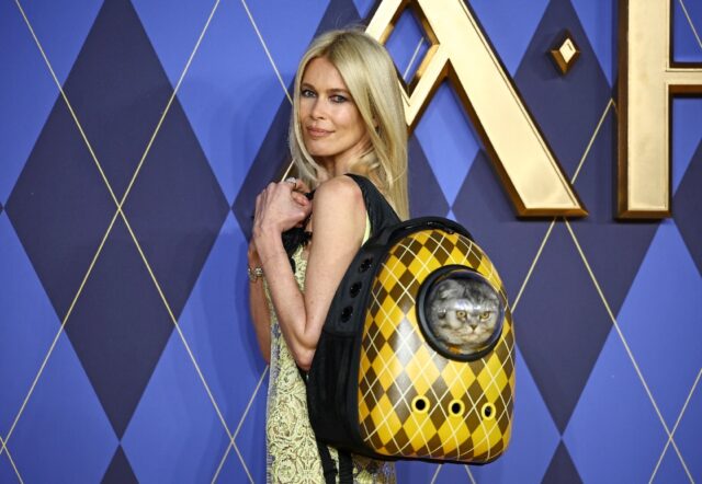 German model Claudia Schiffer holds a cat called 'Chip' in a movie-themed backpack at the