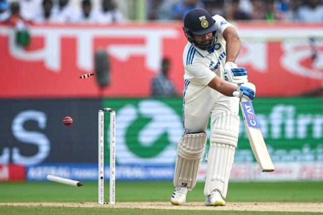 India's captain Rohit Sharma is bowled by England's James Anderson during the third day of