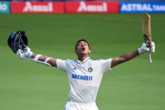 India's Yashasvi Jaiswal celebrates after scoring his first Test double century during the