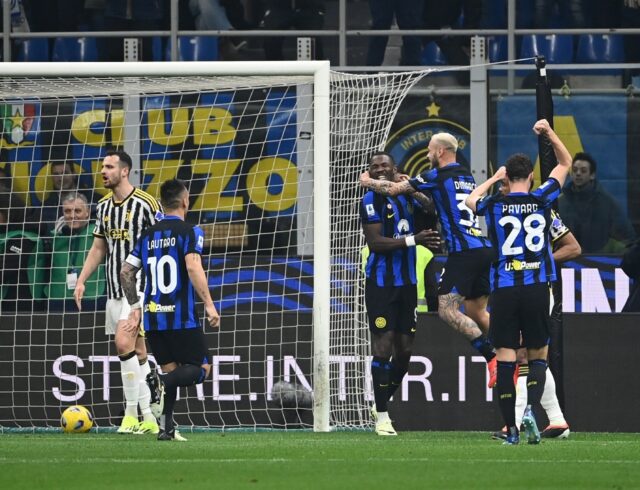 Inter Milan players celebrate Federico Gatti's decisive own goal