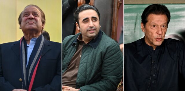 Pakistan's presidential candidates Nawaz Sharif (L), Bilawal Bhutto Zardari (C) and jailed