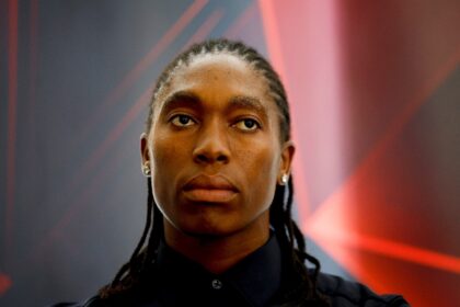South Africa's two-time Olympic champion Caster Semenya appears at a press conference as s