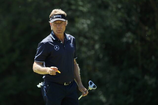 Two-time Masters champion Bernhard Langer of Germany plays a practice round prior to the 2