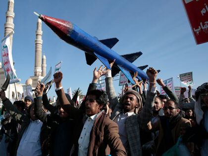 Houthi supporters attend a rally in support of the Palestinians in the Gaza Strip and agai